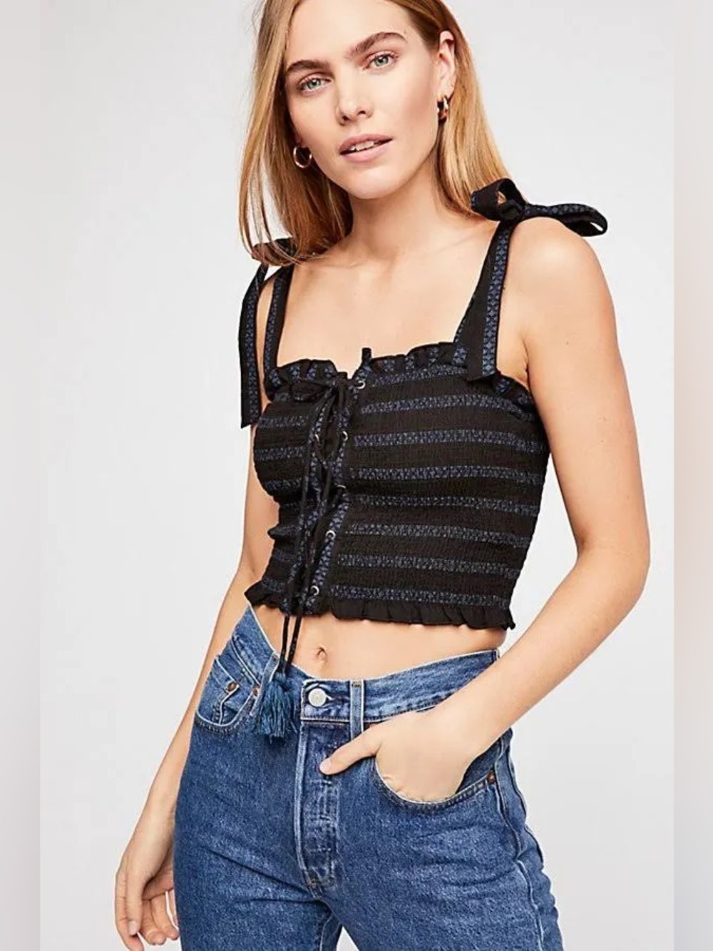 Free People Black Blue Striped Electric Love Cotton Smocked Boho Crop Top size L